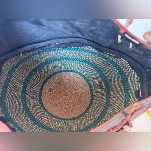 Vintage Boho Woven Tooled Leather Tote Beach Jute Bag Purse - Picture 8 of 12